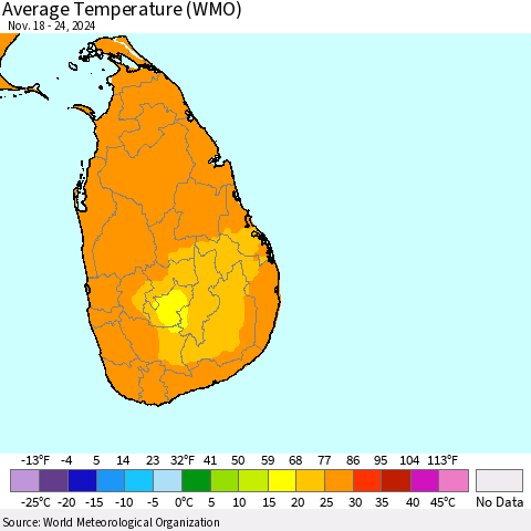 Sri Lanka Average Temperature (WMO) Thematic Map For 11/18/2024 - 11/24/2024