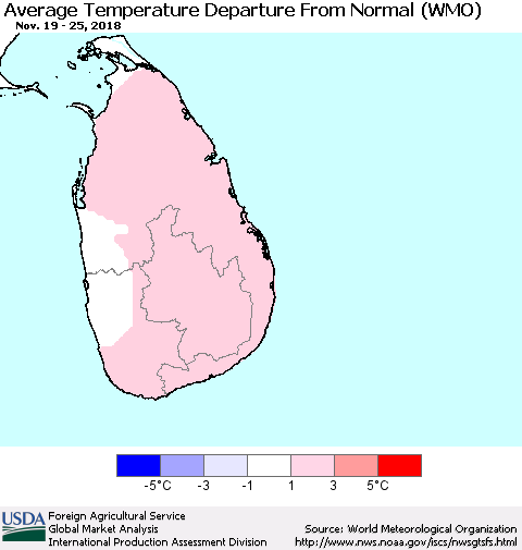 Sri Lanka Average Temperature Departure from Normal (WMO) Thematic Map For 11/19/2018 - 11/25/2018