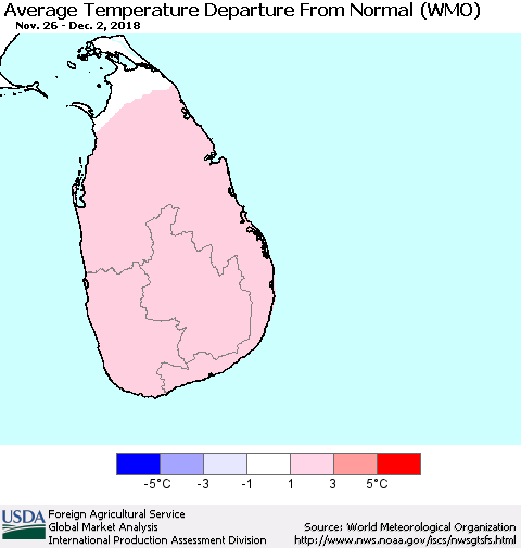 Sri Lanka Average Temperature Departure from Normal (WMO) Thematic Map For 11/26/2018 - 12/2/2018