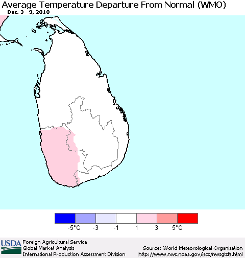 Sri Lanka Average Temperature Departure from Normal (WMO) Thematic Map For 12/3/2018 - 12/9/2018