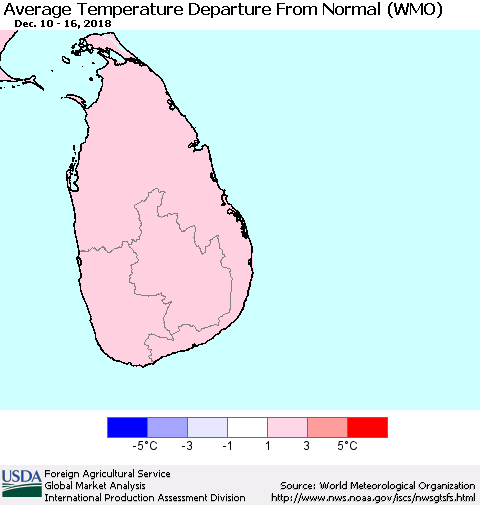 Sri Lanka Average Temperature Departure from Normal (WMO) Thematic Map For 12/10/2018 - 12/16/2018