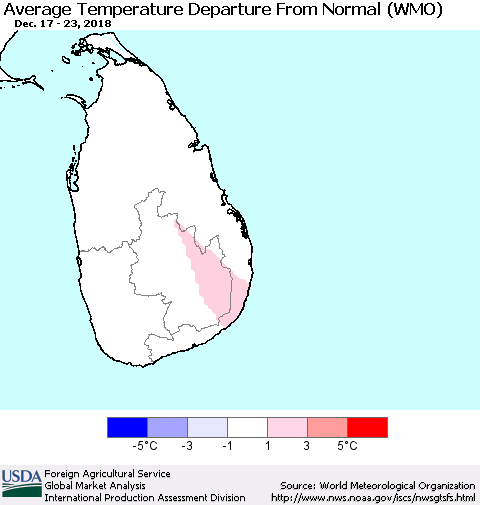 Sri Lanka Average Temperature Departure from Normal (WMO) Thematic Map For 12/17/2018 - 12/23/2018