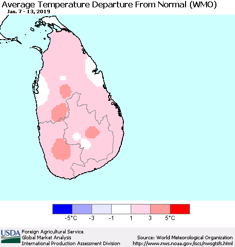 Sri Lanka Average Temperature Departure from Normal (WMO) Thematic Map For 1/7/2019 - 1/13/2019