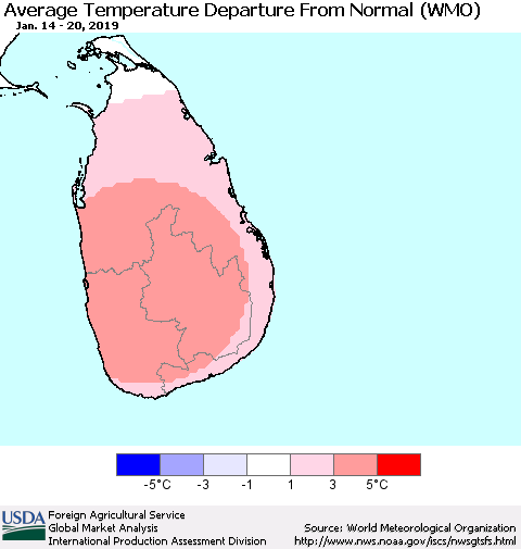 Sri Lanka Average Temperature Departure from Normal (WMO) Thematic Map For 1/14/2019 - 1/20/2019