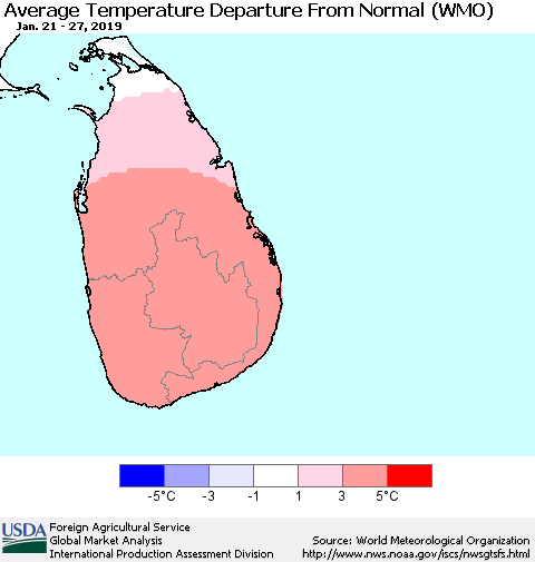 Sri Lanka Average Temperature Departure from Normal (WMO) Thematic Map For 1/21/2019 - 1/27/2019