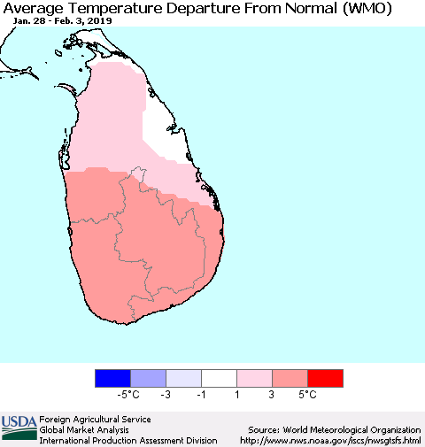 Sri Lanka Average Temperature Departure from Normal (WMO) Thematic Map For 1/28/2019 - 2/3/2019