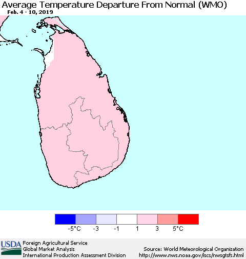 Sri Lanka Average Temperature Departure from Normal (WMO) Thematic Map For 2/4/2019 - 2/10/2019