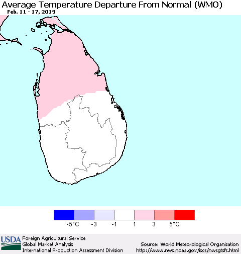 Sri Lanka Average Temperature Departure from Normal (WMO) Thematic Map For 2/11/2019 - 2/17/2019