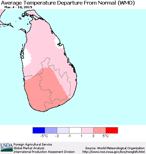 Sri Lanka Average Temperature Departure from Normal (WMO) Thematic Map For 3/4/2019 - 3/10/2019