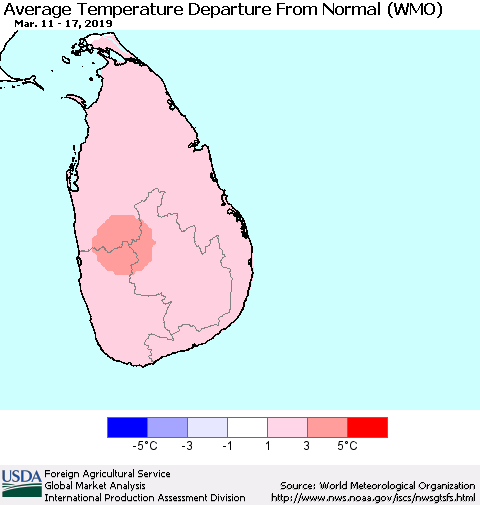 Sri Lanka Average Temperature Departure from Normal (WMO) Thematic Map For 3/11/2019 - 3/17/2019
