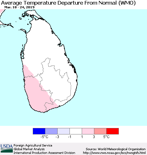 Sri Lanka Average Temperature Departure from Normal (WMO) Thematic Map For 3/18/2019 - 3/24/2019