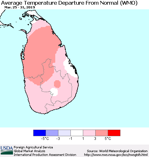 Sri Lanka Average Temperature Departure from Normal (WMO) Thematic Map For 3/25/2019 - 3/31/2019