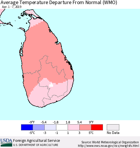 Sri Lanka Average Temperature Departure from Normal (WMO) Thematic Map For 4/1/2019 - 4/7/2019