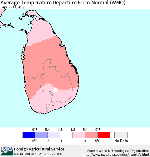 Sri Lanka Average Temperature Departure from Normal (WMO) Thematic Map For 4/8/2019 - 4/14/2019