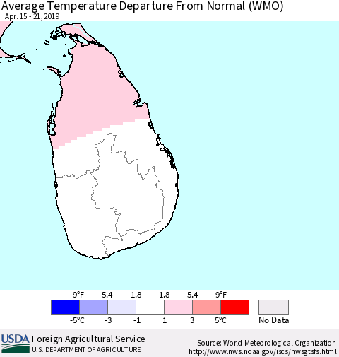 Sri Lanka Average Temperature Departure from Normal (WMO) Thematic Map For 4/15/2019 - 4/21/2019