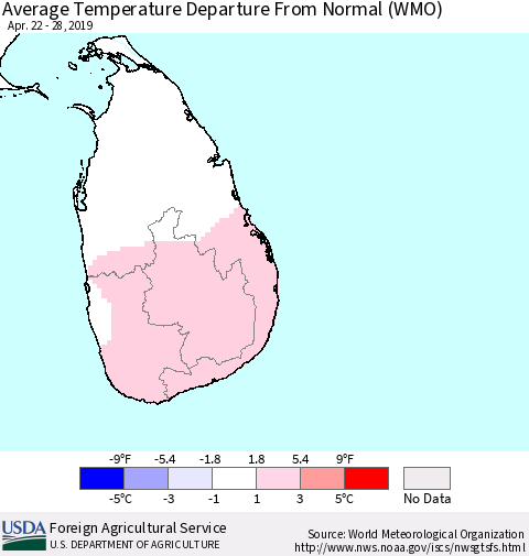 Sri Lanka Average Temperature Departure from Normal (WMO) Thematic Map For 4/22/2019 - 4/28/2019
