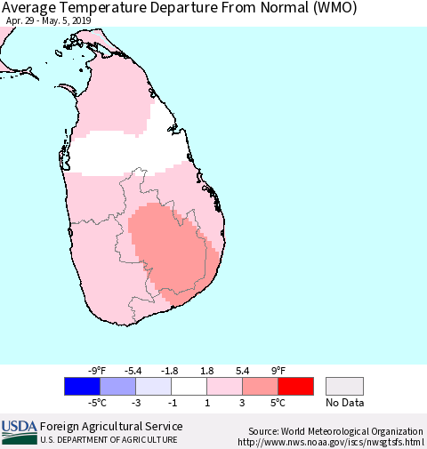 Sri Lanka Average Temperature Departure from Normal (WMO) Thematic Map For 4/29/2019 - 5/5/2019