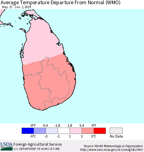 Sri Lanka Average Temperature Departure From Normal (WMO) Thematic Map For 5/27/2019 - 6/2/2019