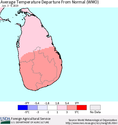 Sri Lanka Average Temperature Departure From Normal (WMO) Thematic Map For 6/3/2019 - 6/9/2019
