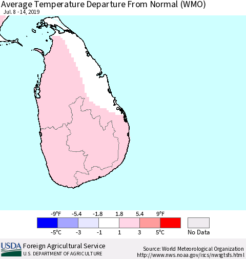 Sri Lanka Average Temperature Departure From Normal (WMO) Thematic Map For 7/8/2019 - 7/14/2019