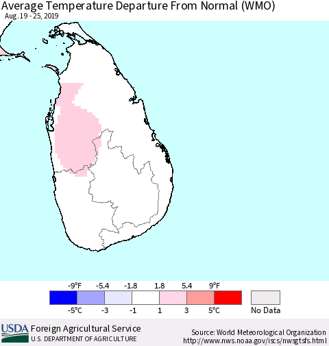 Sri Lanka Average Temperature Departure From Normal (WMO) Thematic Map For 8/19/2019 - 8/25/2019