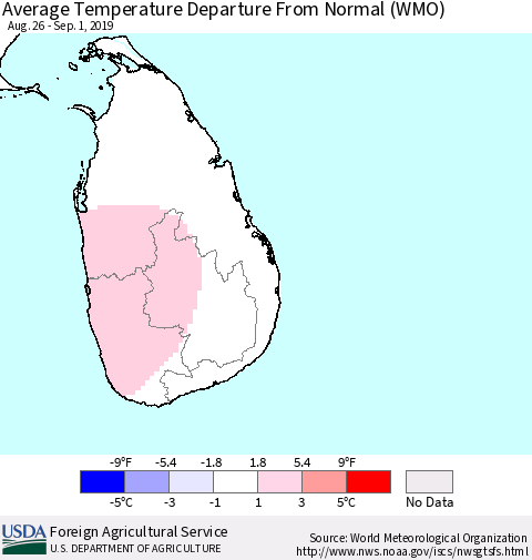 Sri Lanka Average Temperature Departure From Normal (WMO) Thematic Map For 8/26/2019 - 9/1/2019