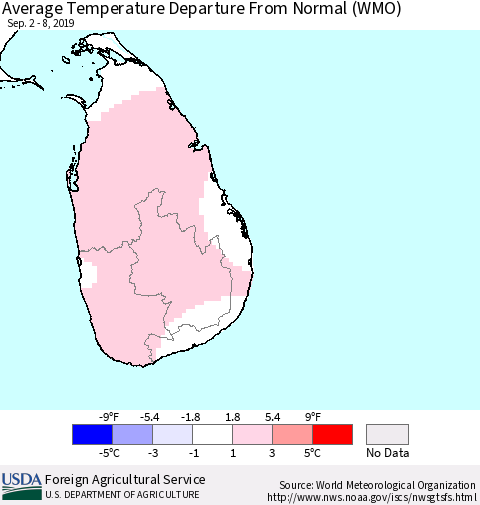Sri Lanka Average Temperature Departure From Normal (WMO) Thematic Map For 9/2/2019 - 9/8/2019
