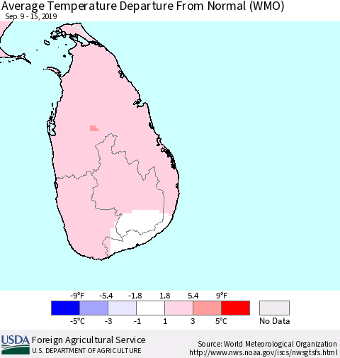 Sri Lanka Average Temperature Departure From Normal (WMO) Thematic Map For 9/9/2019 - 9/15/2019