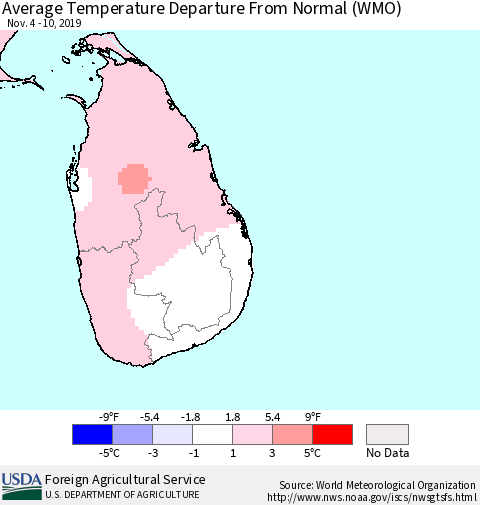 Sri Lanka Average Temperature Departure From Normal (WMO) Thematic Map For 11/4/2019 - 11/10/2019