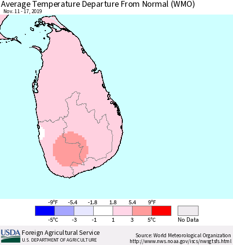 Sri Lanka Average Temperature Departure From Normal (WMO) Thematic Map For 11/11/2019 - 11/17/2019