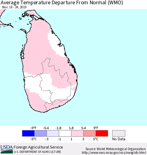 Sri Lanka Average Temperature Departure From Normal (WMO) Thematic Map For 11/18/2019 - 11/24/2019