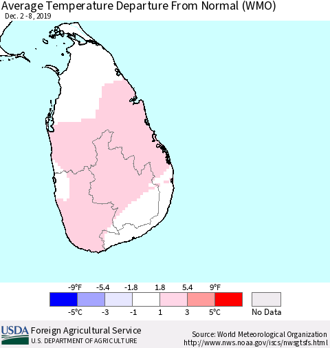 Sri Lanka Average Temperature Departure From Normal (WMO) Thematic Map For 12/2/2019 - 12/8/2019