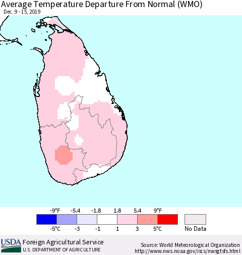 Sri Lanka Average Temperature Departure from Normal (WMO) Thematic Map For 12/9/2019 - 12/15/2019