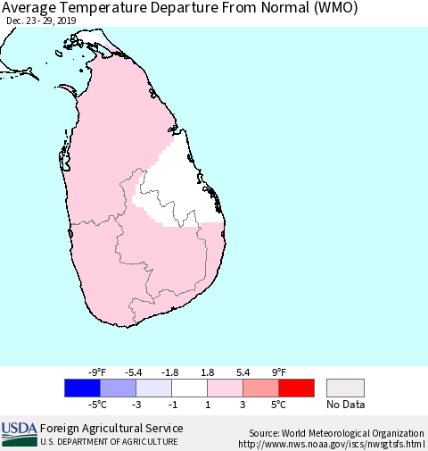 Sri Lanka Average Temperature Departure From Normal (WMO) Thematic Map For 12/23/2019 - 12/29/2019
