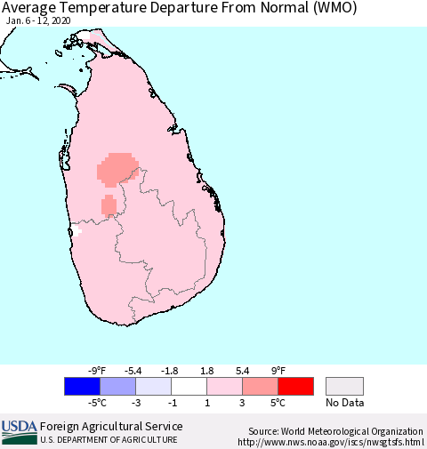 Sri Lanka Average Temperature Departure From Normal (WMO) Thematic Map For 1/6/2020 - 1/12/2020
