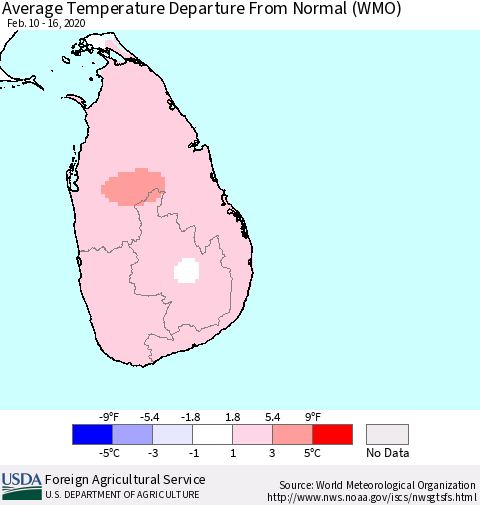 Sri Lanka Average Temperature Departure From Normal (WMO) Thematic Map For 2/10/2020 - 2/16/2020