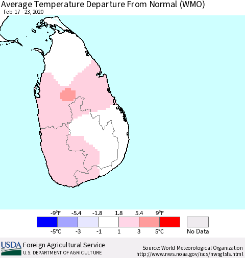 Sri Lanka Average Temperature Departure From Normal (WMO) Thematic Map For 2/17/2020 - 2/23/2020