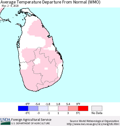 Sri Lanka Average Temperature Departure from Normal (WMO) Thematic Map For 3/2/2020 - 3/8/2020