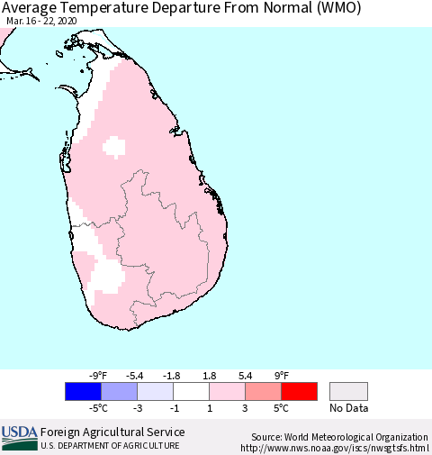 Sri Lanka Average Temperature Departure from Normal (WMO) Thematic Map For 3/16/2020 - 3/22/2020