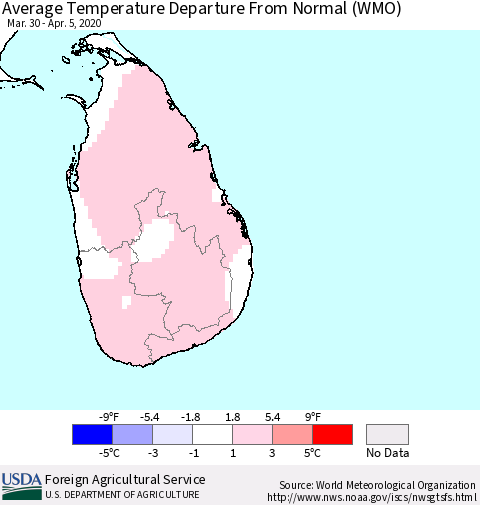Sri Lanka Average Temperature Departure From Normal (WMO) Thematic Map For 3/30/2020 - 4/5/2020