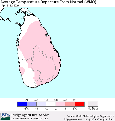 Sri Lanka Average Temperature Departure From Normal (WMO) Thematic Map For 4/6/2020 - 4/12/2020