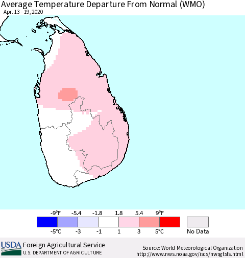 Sri Lanka Average Temperature Departure From Normal (WMO) Thematic Map For 4/13/2020 - 4/19/2020