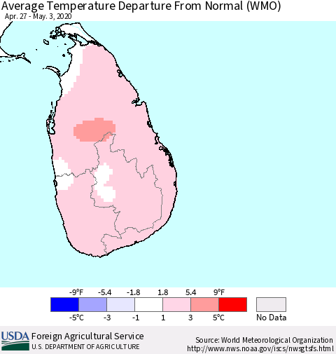 Sri Lanka Average Temperature Departure From Normal (WMO) Thematic Map For 4/27/2020 - 5/3/2020
