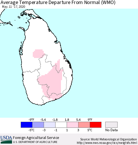 Sri Lanka Average Temperature Departure from Normal (WMO) Thematic Map For 5/11/2020 - 5/17/2020