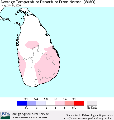 Sri Lanka Average Temperature Departure From Normal (WMO) Thematic Map For 5/18/2020 - 5/24/2020