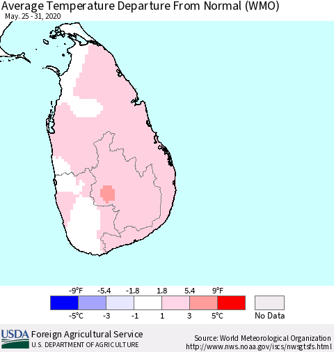 Sri Lanka Average Temperature Departure From Normal (WMO) Thematic Map For 5/25/2020 - 5/31/2020