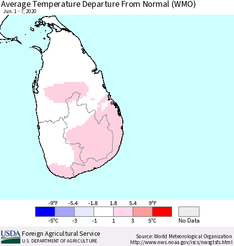 Sri Lanka Average Temperature Departure From Normal (WMO) Thematic Map For 6/1/2020 - 6/7/2020