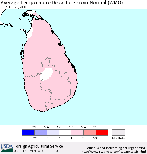 Sri Lanka Average Temperature Departure from Normal (WMO) Thematic Map For 6/15/2020 - 6/21/2020