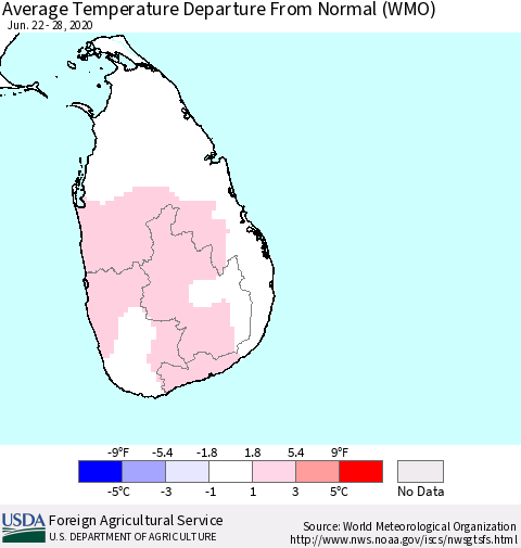 Sri Lanka Average Temperature Departure from Normal (WMO) Thematic Map For 6/22/2020 - 6/28/2020