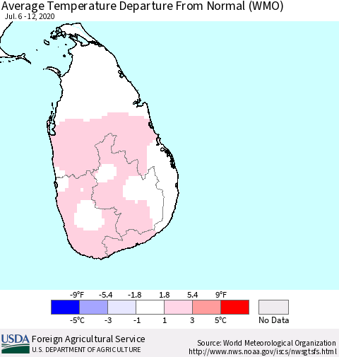 Sri Lanka Average Temperature Departure from Normal (WMO) Thematic Map For 7/6/2020 - 7/12/2020